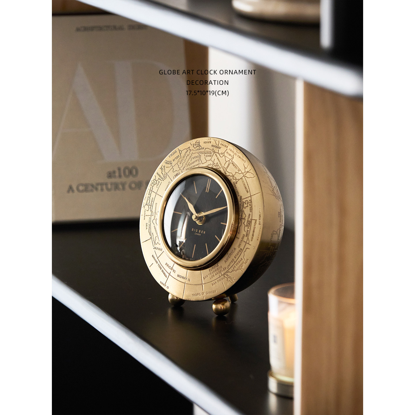 迷屿家居印度舶来品铝镀古铜座钟“地球仪”手工复古桌面时钟摆件,淘宝优惠券,粉丝福利购,淘宝优惠卷