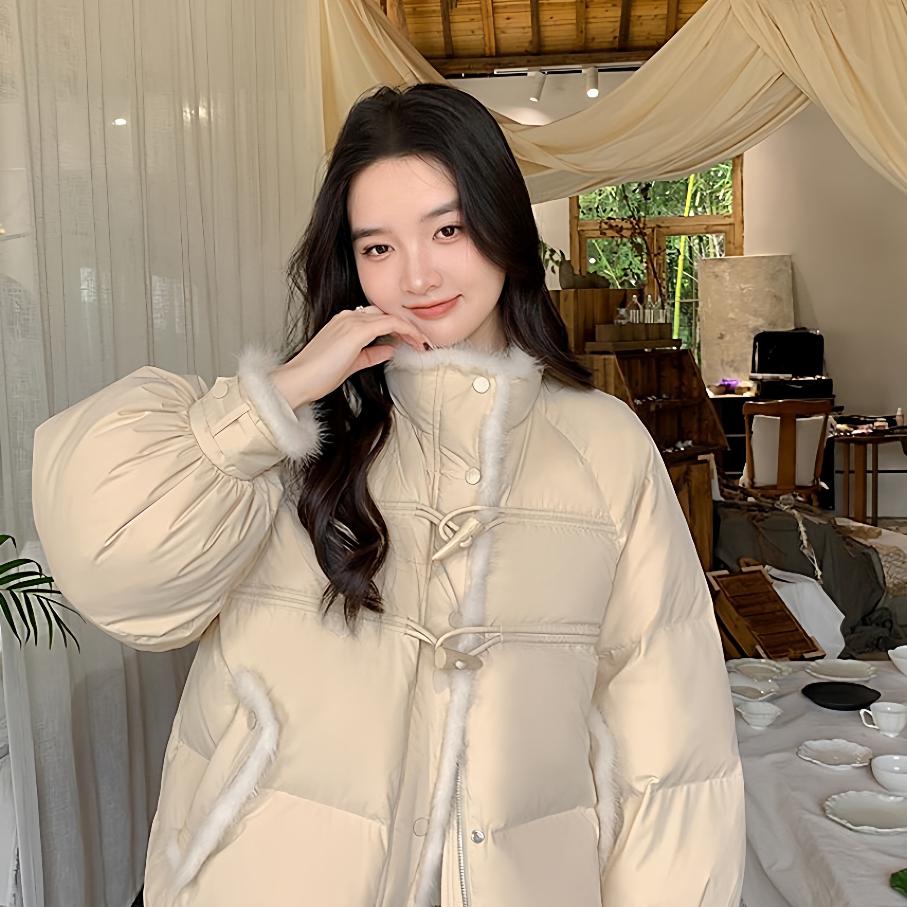 花栗鼠小姐 芬兰下雪天3.0粉紫色牛角扣拼接仿貂毛领小个子羽绒服 - 图3