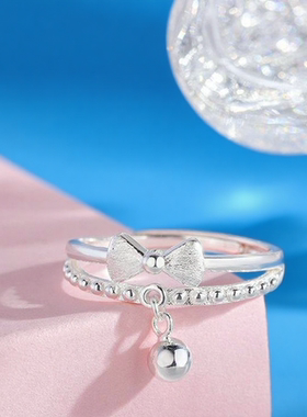 足银990蝴蝶结双层铃铛戒指女纯银在逃公主开口圆球可调节食指环