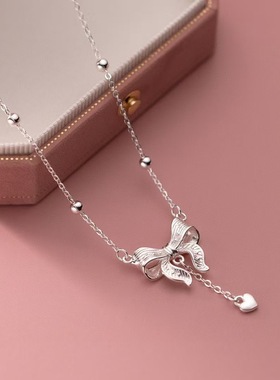 990纯银在逃公主蝴蝶结项链女纯银流苏甜美清新锁骨链