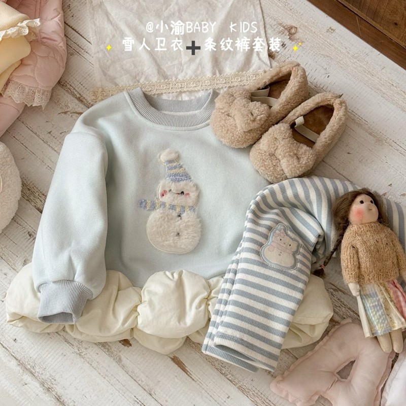 儿童加绒套装2025秋冬新款女童加绒雪人卫衣条纹打底裤可爱两件套,淘宝优惠券,粉丝福利购,淘宝优惠卷