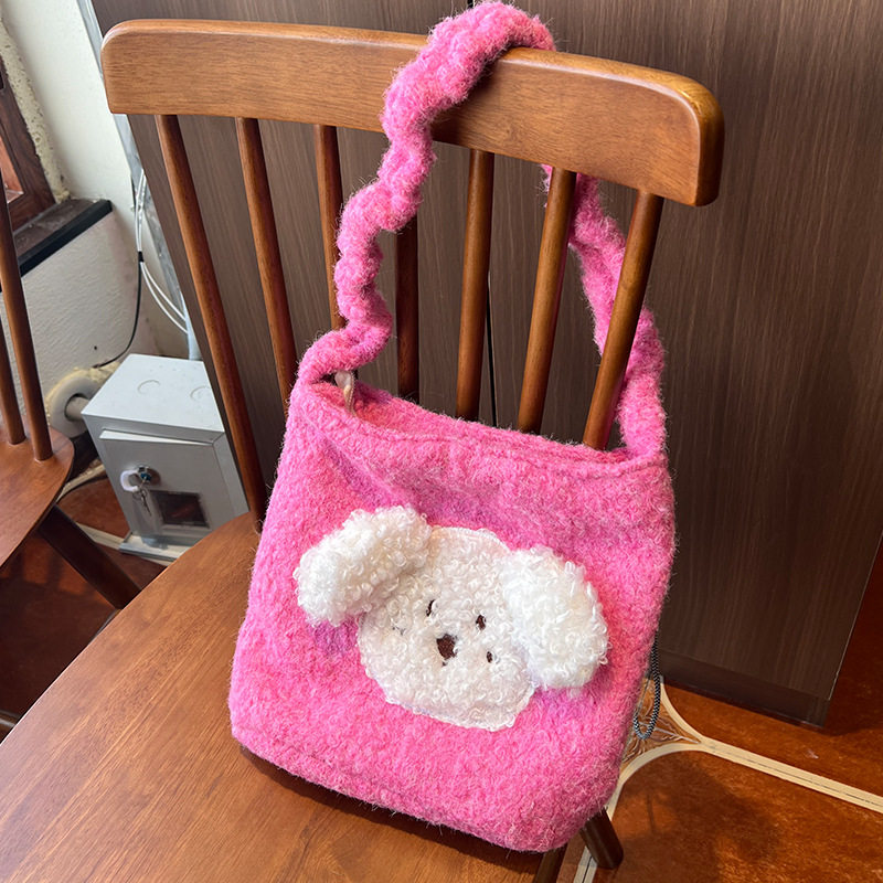 韩系毛绒小狗卡通斜挎包女可爱抽绳托特包小众大容量百搭单肩包,淘宝优惠券,粉丝福利购,淘宝优惠卷