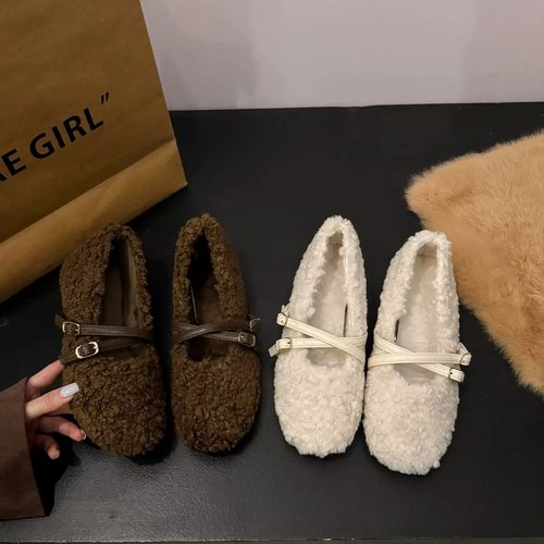 赵露思同款玛丽珍毛毛鞋秋冬外穿软底羊羔绒豆豆鞋加绒单鞋棉瓢鞋 - 图1