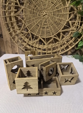 外贸做旧原木色木头盒子ins风木质镂空摆件盲盒
