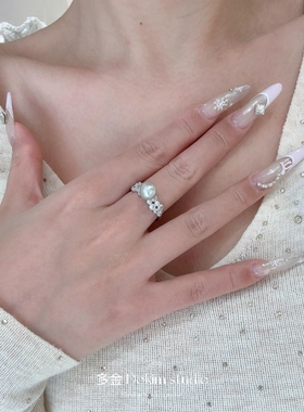 高级感轻奢满钻锆石施家珍珠戒指小众设计食指戒百搭指环显白首饰