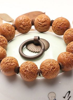 纯手工雕刻圆珠单圈手串铁核九龙献瑞文玩男盘玩手链石破惊天浮雕