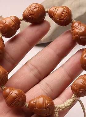 小籽手工精修铁核小财神橄榄核雕刻财弥文玩手串八大财神弥勒手把