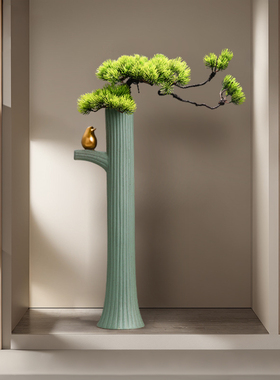 新中式迎客松陶瓷花瓶入户玄关迎客松家居装饰陶瓷花瓶落地摆件