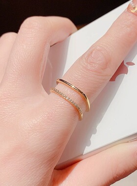 s925纯银镀14k金双层开口戒指女 感镶钻气质可调节食指戒指环