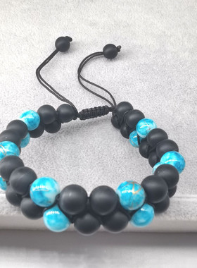 亚马逊新款七彩石头欧美男黑色火山石瑜伽能量手链珠编手串手工