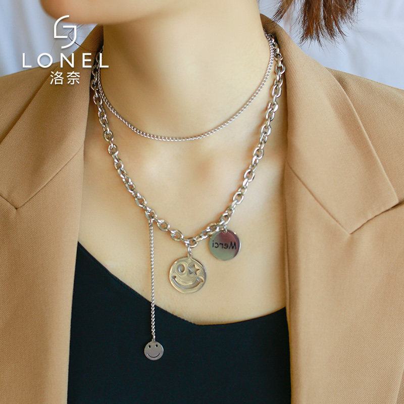 双层钛钢项链笑脸嘻哈卫衣毛衣链子 lonel洛奈项链