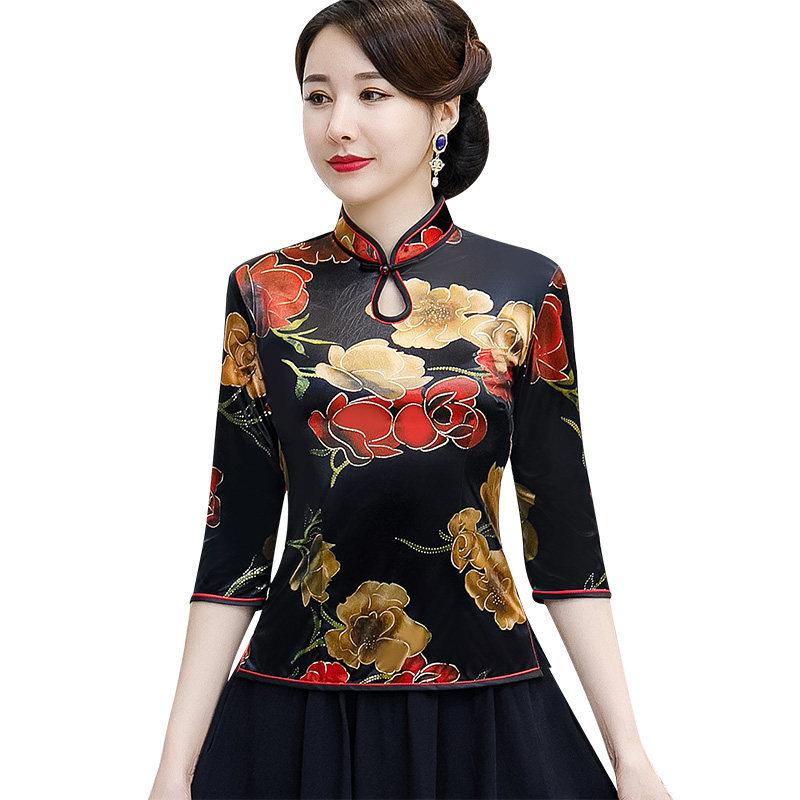 金丝绒旗袍上衣中国风短款唐装汉服 益佳红上衣