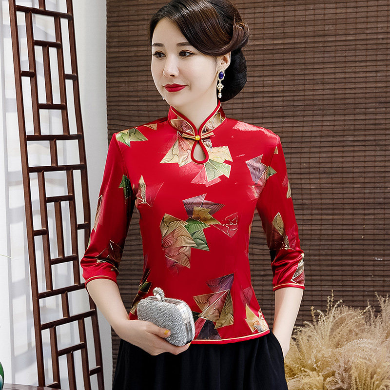 金丝绒旗袍上衣中国风短款唐装汉服 益佳红上衣
