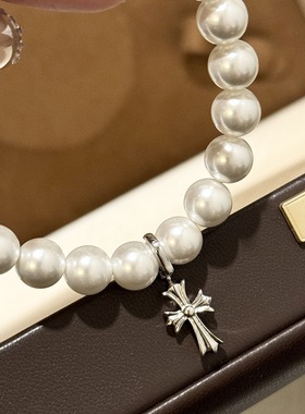 通体纯银S925贝珠十字架珍珠手链手串潮牌休闲克罗光面复古做旧