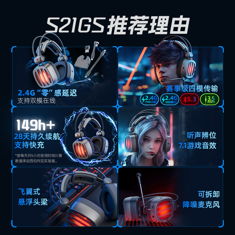 西伯利亚S21GS无线蓝牙2.4G耳机头戴式游戏电竞电脑耳麦7.1吃鸡