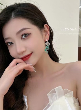s925银针绿色水晶流苏花朵耳环