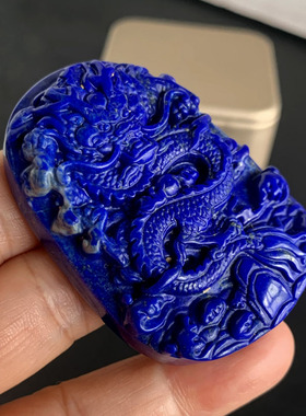 天然青金石雕刻青龙方牌吊坠