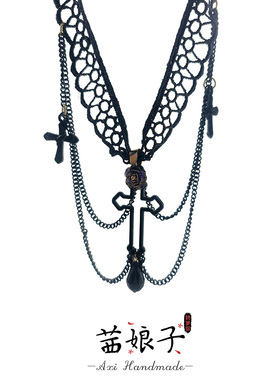 黑玫瑰十字架哥特项链