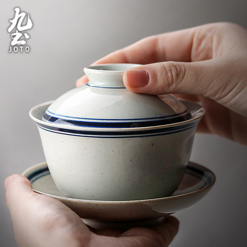 九土复古盖碗大盖杯手绘青花瓷三才盖碗景德镇仿古茶器泡茶碗茶具 - 图3