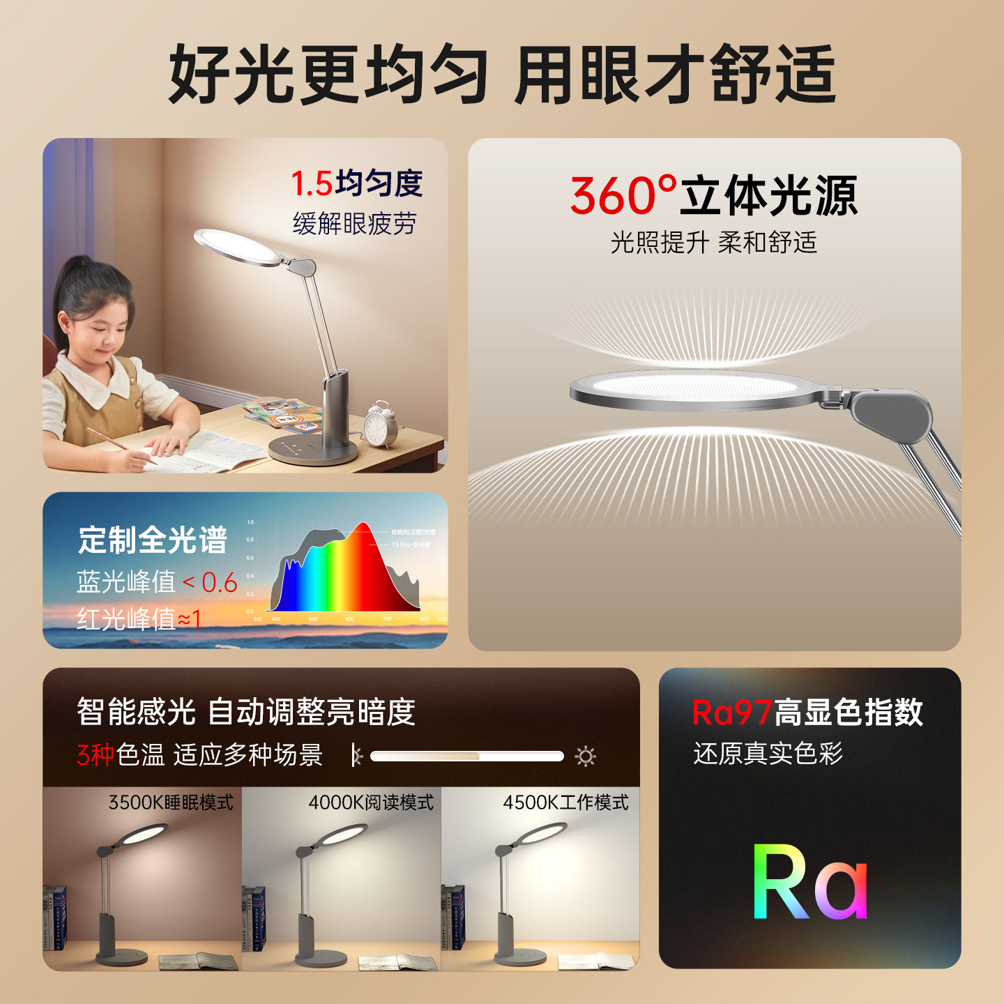 达伦护眼台灯学习专用防近视儿童学生书桌宿舍全光谱阅读灯T3Pro+
