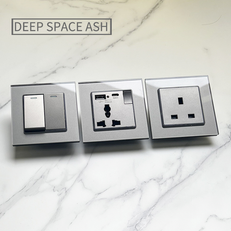 香港澳版英式13a英标插座苏带Type-c快充电灯制开关灰色玻璃面板 - 图0