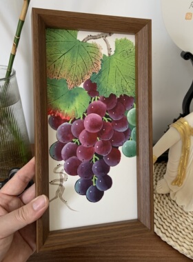 纯手绘葡萄摆台国画紫气东来书桌茶室摆件新中式挂画礼品5×10寸