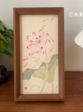 荷花九鱼图纯手绘国画摆台荷花锦鲤桌面摆件玄关装饰乔迁伴手礼物