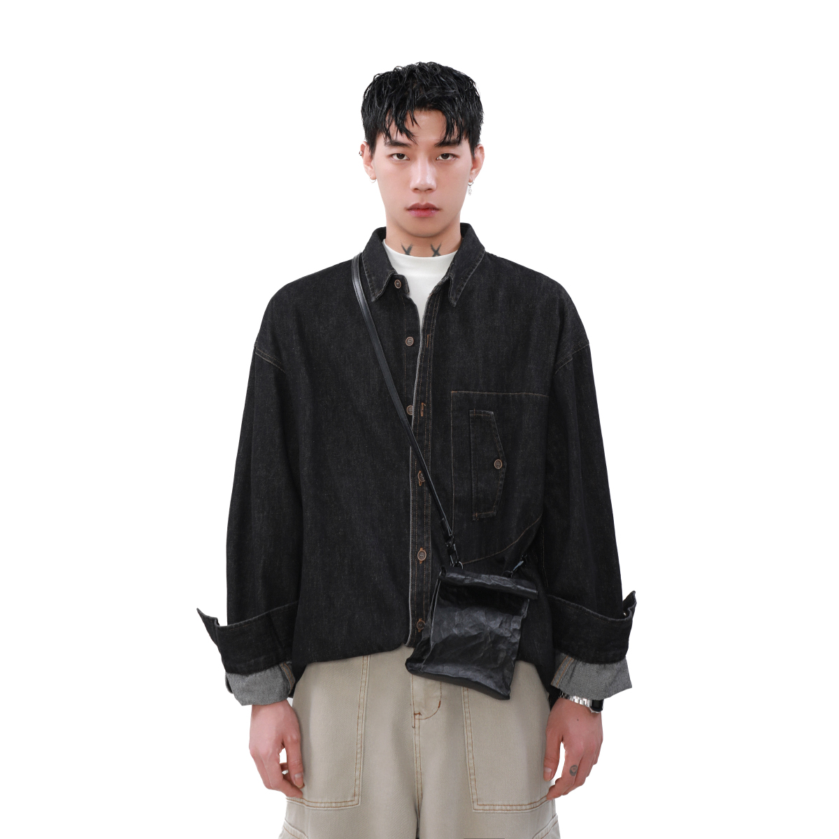 MRNEARLY美式复古小众设计感牛仔衬衫男长袖宽松休闲情侣衬衣外套 - 图3