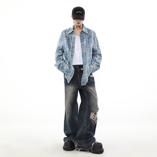 MRNEARLY美式复古晕染格子衬衫男长袖高级感慵懒风秋季衬衣外套潮 - 图0