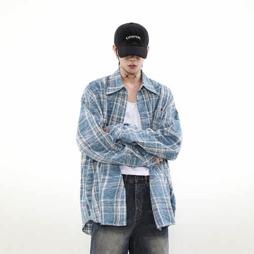 MRNEARLY美式复古晕染格子衬衫男长袖高级感慵懒风秋季衬衣外套潮 - 图1