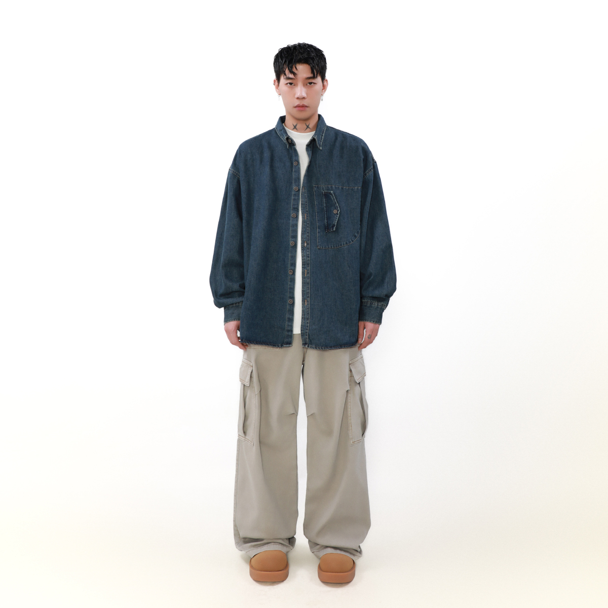 MRNEARLY美式复古小众设计感牛仔衬衫男长袖宽松休闲情侣衬衣外套 - 图0