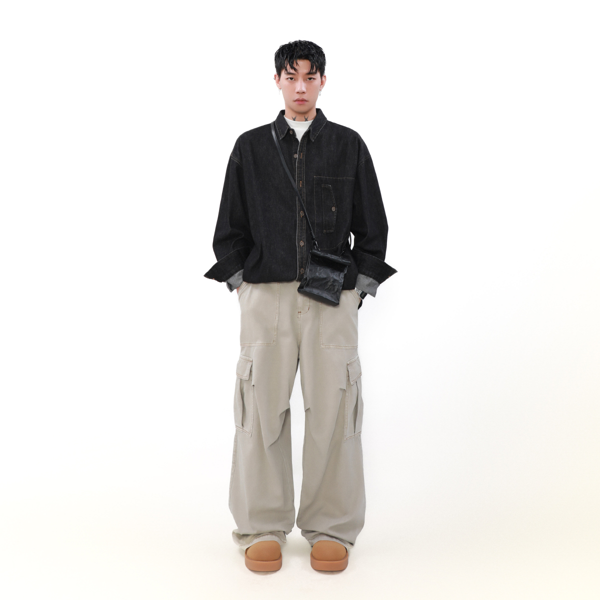 MRNEARLY美式复古小众设计感牛仔衬衫男长袖宽松休闲情侣衬衣外套 - 图1