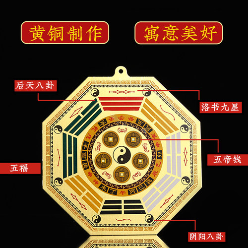 九宫八卦镜纯铜八卦凸镜家用门口安宅五帝钱平面镜八卦镜铜镜摆件 - 图2