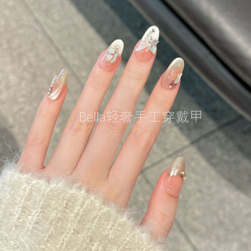 Bella轻奢手工穿戴甲新娘婚纱照孕妇中长款爆闪猫眼显白显瘦美甲 - 图1