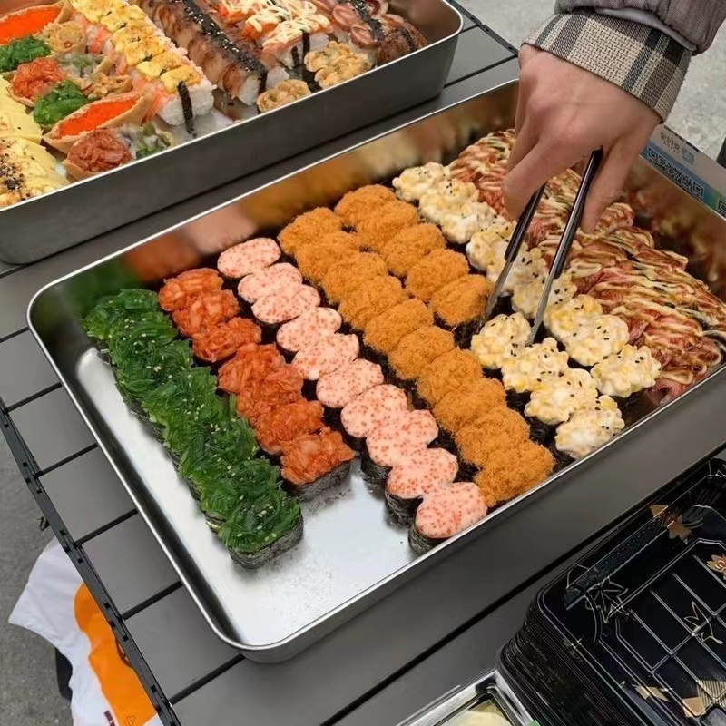 寿司展示盘一元自选寿司盒不锈钢提拉米苏托盘长方形带盖商用摆摊-图0