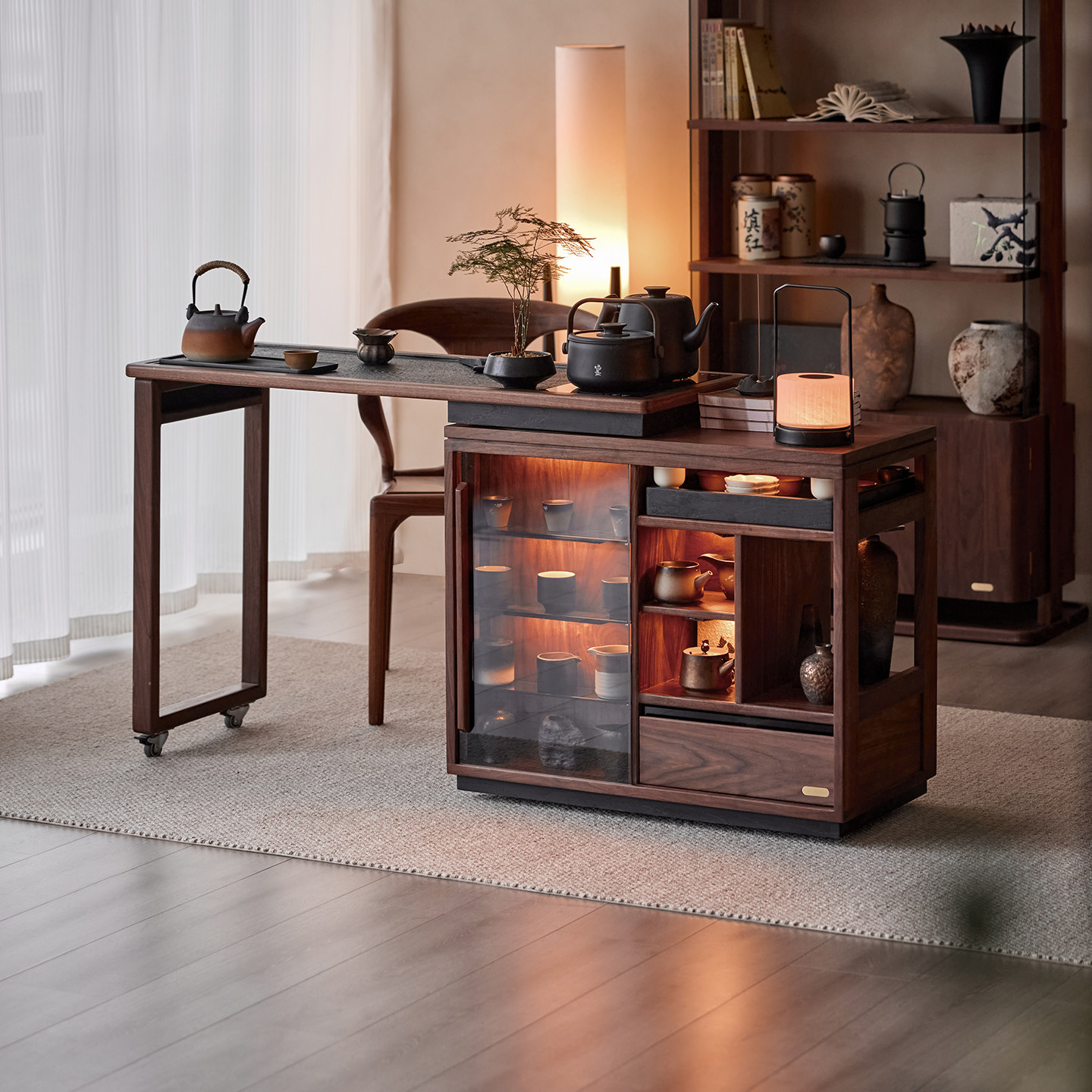 色格实木茶桌茶台黑胡桃木可移动伸缩旋转茶车烧水茶室阳台茶水柜,淘宝优惠券,粉丝福利购,淘宝优惠卷