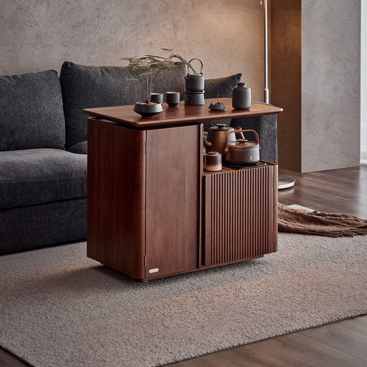 色格实木旋转茶桌茶台黑胡桃木家用客厅沙发边柜可移动茶水柜茶车,淘宝优惠券,粉丝福利购,淘宝优惠卷