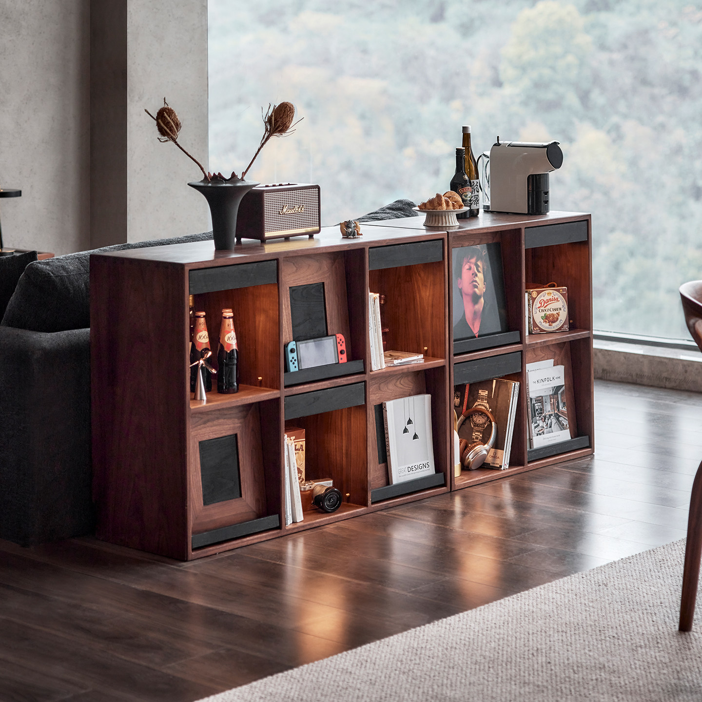 色格实木组合书柜北美黑胡桃木满墙防尘展示柜客厅储物柜上翻书架,淘宝优惠券,粉丝福利购,淘宝优惠卷