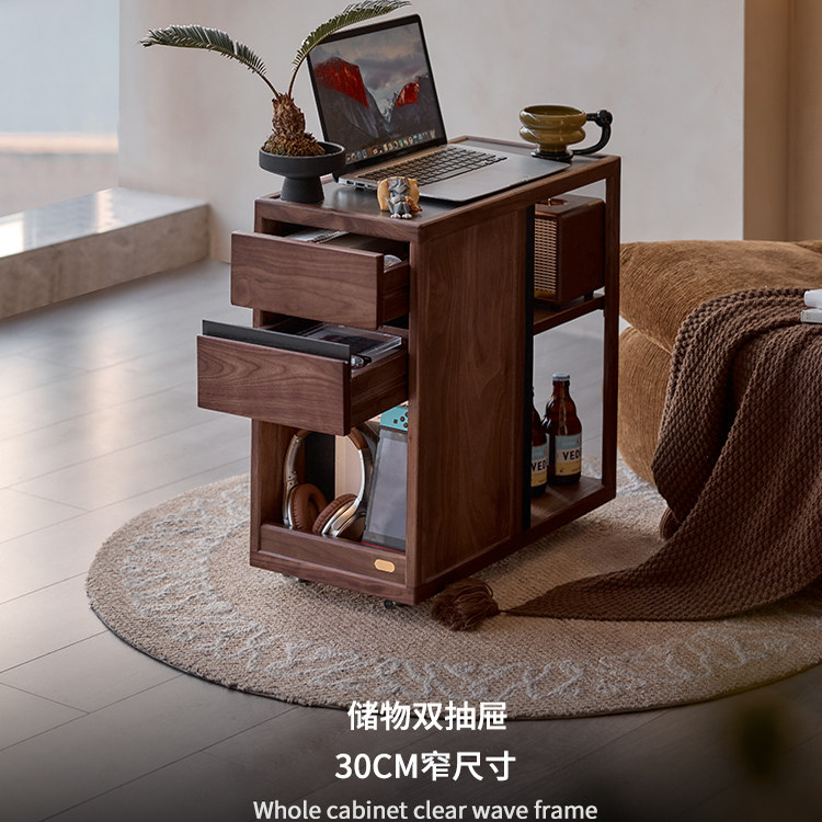 色格实木可移动边几黑胡桃木客厅沙发窄边柜家用小推车多功能茶几,淘宝优惠券,粉丝福利购,淘宝优惠卷