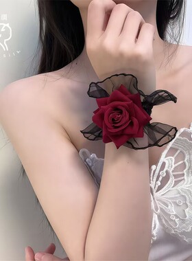 暗黑系舞蹈洛丽塔黑色蕾丝手腕套手链女酒红色玫瑰花礼服少女跳舞