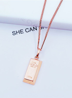 俄罗斯585紫金方形小金条吊坠女款镀14K玫瑰金简约精美气质锁骨链