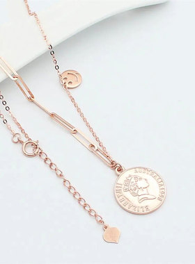 俄罗斯585紫金锁骨链镀14K玫瑰金时尚女皇笑脸圆形项链精美女礼物