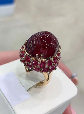 俄罗斯585紫金奢华个性大气款镀18K镶嵌红石蛋面开口可调节戒指女