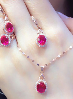 俄罗斯585紫金椭圆红石吊坠百搭韩版时尚奢华镀18K玫瑰金锁骨链女