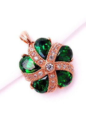 俄罗斯585紫金镀14K彩金玫瑰金女豪华时尚绿石花朵吊坠高级感礼物