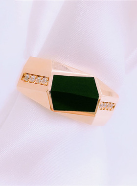 俄罗斯585紫金镀18K玫瑰金时尚潮流镶嵌不规则黑色戒指开口可调节