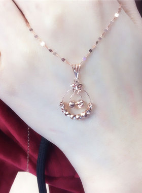 俄罗斯585紫金镀14k玫瑰金双层花瓣镭射珠珠吊坠洋气百搭个性项链