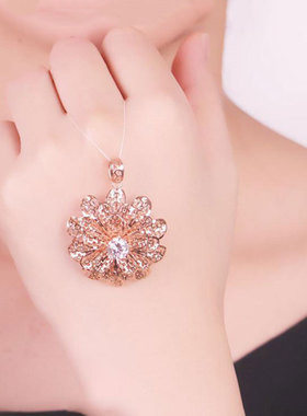 俄罗斯585紫金项链镀14K玫瑰金时尚双层镂空玫瑰花吊坠日韩高级感