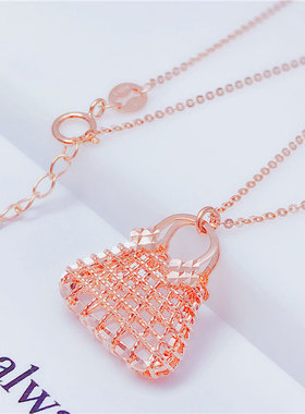 俄罗斯585紫金镀14K玫瑰金时尚拉丝镂空香包吊坠精美百搭女士项链