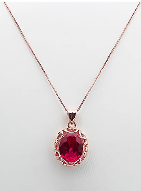 俄罗斯585紫金女士镶嵌红宝石椭圆吊坠时尚大气镀18K彩金项链礼物